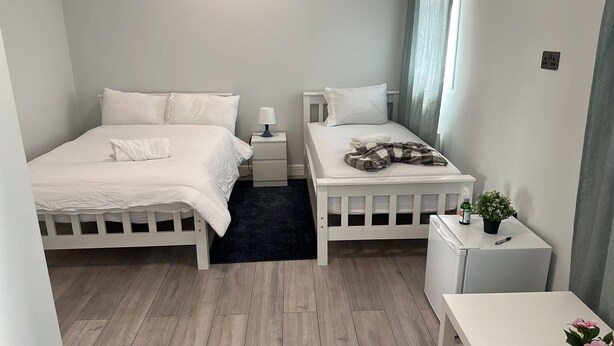 Un dormitorio pequeño y ordenado con dos camas, una mesita de noche, una pequeña mesa y una planta en maceta.