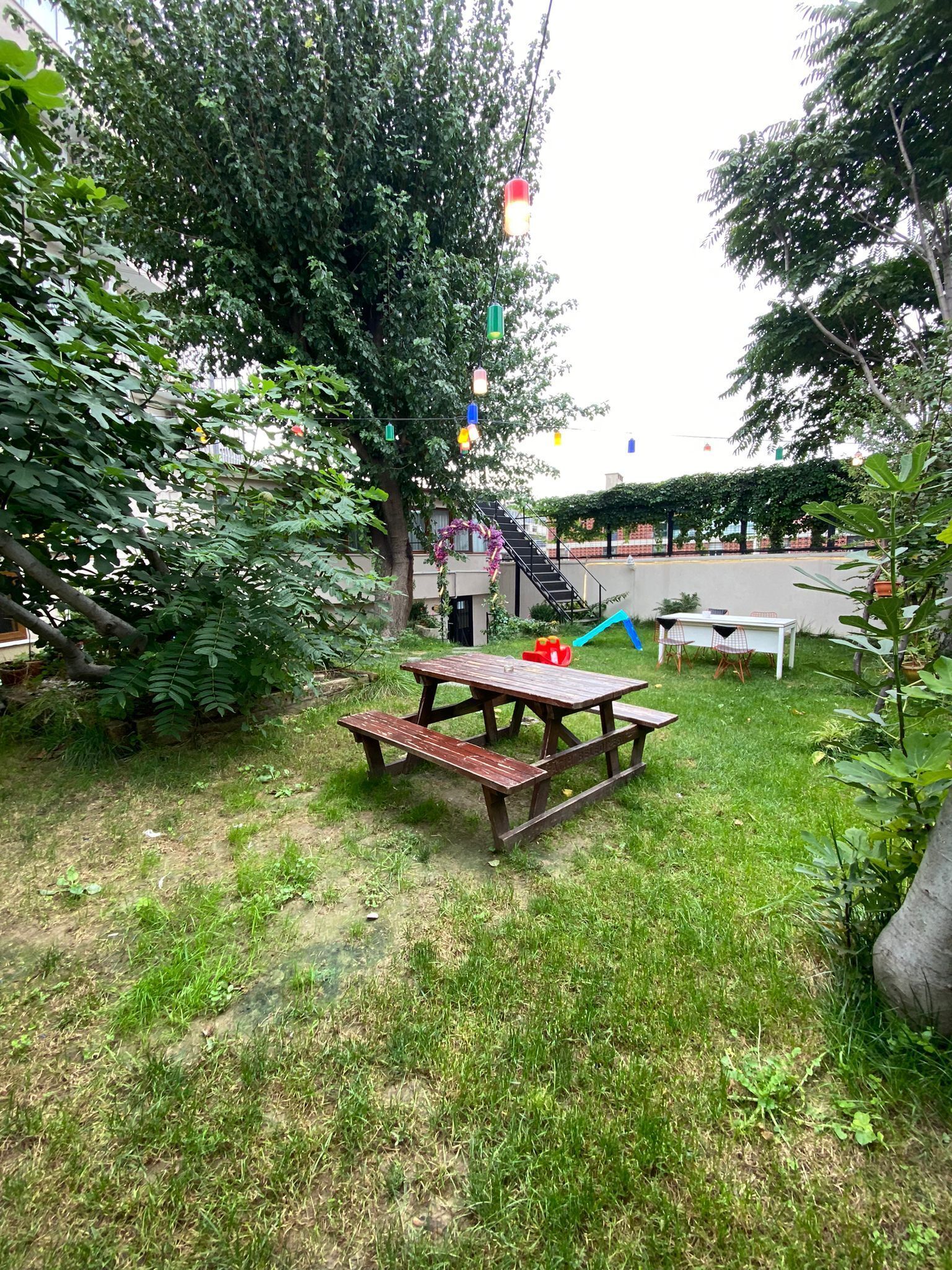 Ein Picknicktisch in einer grünen Wiese mit Bäumen und einer Treppe im Hintergrund.