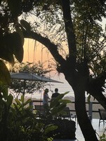 Una pareja de pie bajo un árbol, con vista al atardecer sobre el agua.