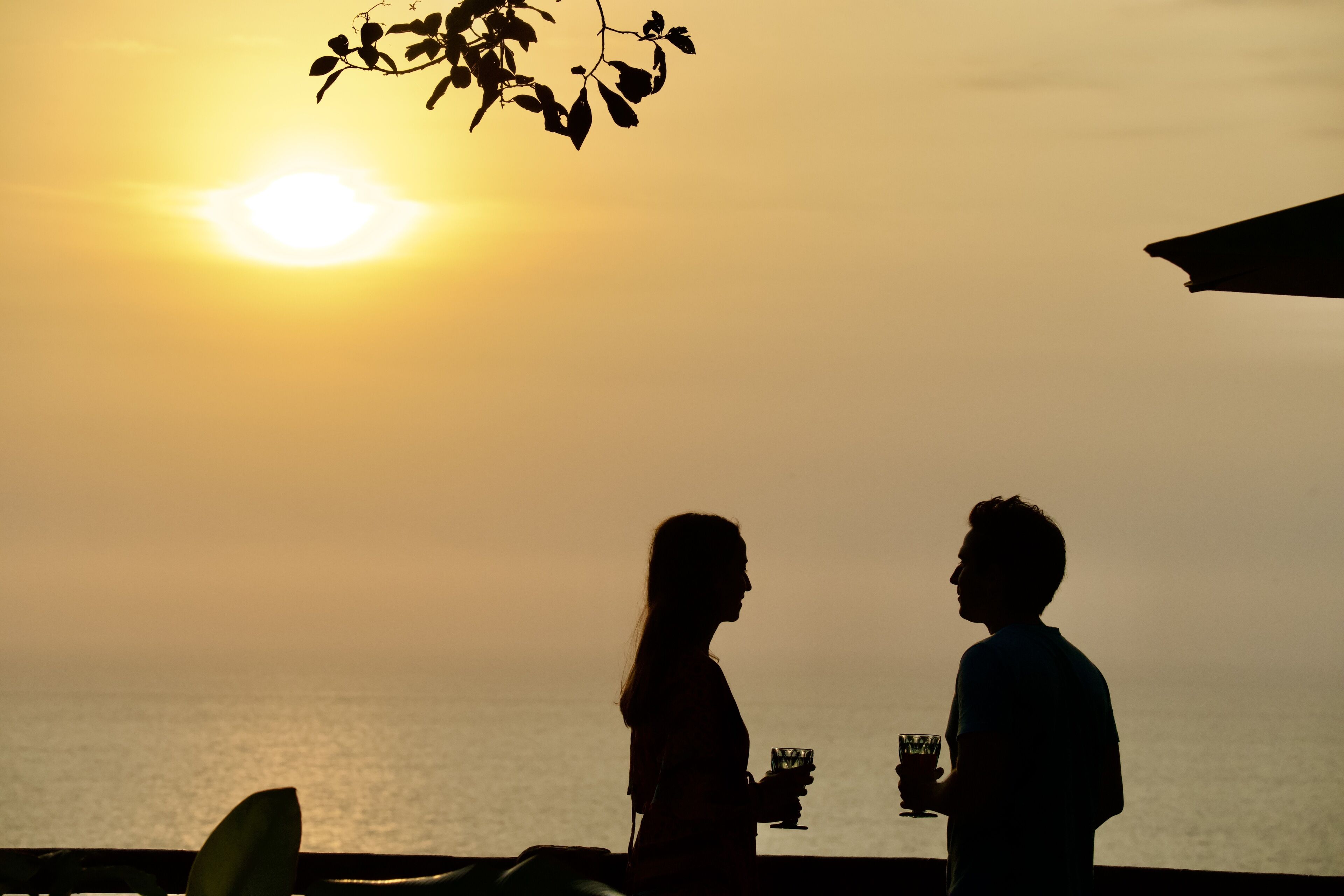A silhouette of two people holding drinks against a sunset backdrop.