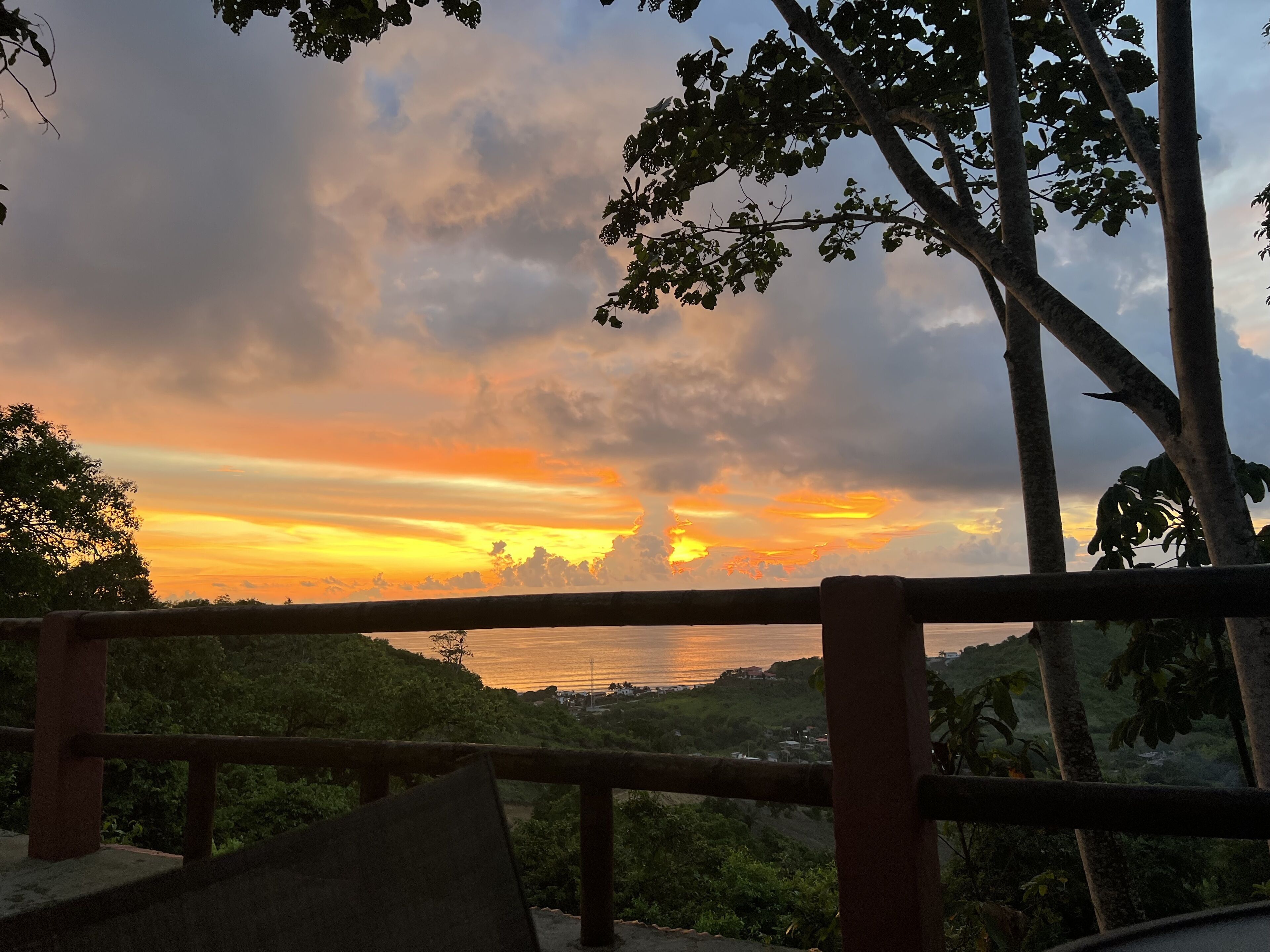 Vista al atardecer desde un balcón con barandilla, sobre un cuerpo de agua y follaje verde.