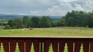 Blick von einer Holzdielenveranda mit Geländer auf ein Wiesenfeld mit Kühen und Bäumen, sowie sanfte Hügel unter einem bewölkten Himmel.