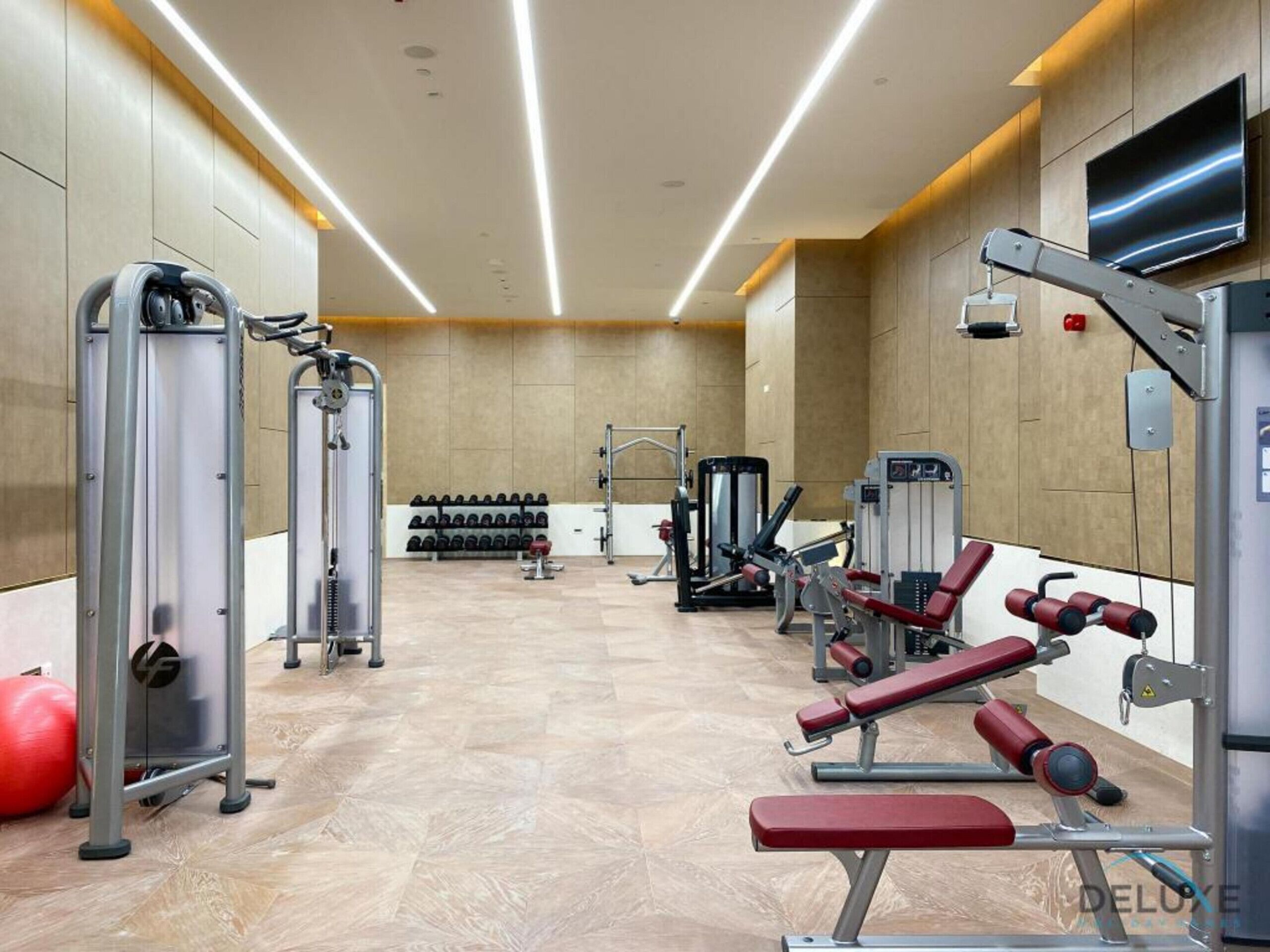 Un gimnasio moderno con diversos equipos de ejercicio, como máquinas de pesas, bancos y mancuernas.