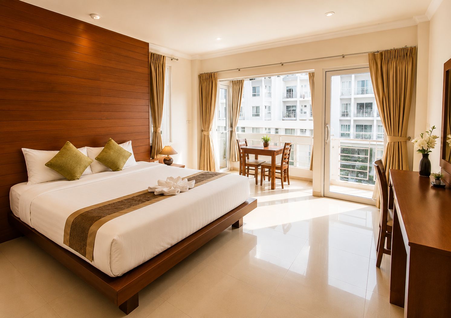 A hotel room with a large bed, a dining table, and a view of the city.