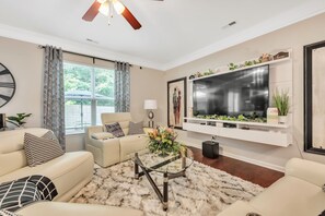 House, 4 Bedrooms | Living area | Streaming services - Charming Charlotte Retreat in Steele Creek by Redawning (Charlotte)