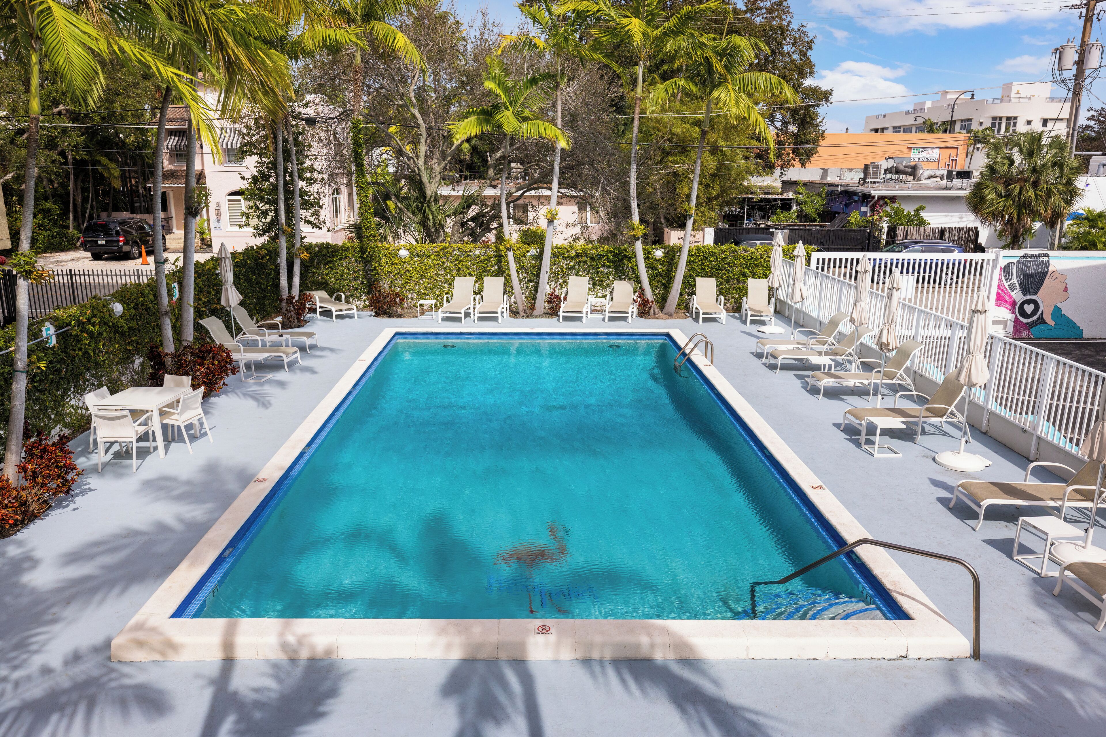 A rectangular pool with clear blue water, surrounded by white lounge chairs and umbrellas, with palm trees and a white fence in the background.