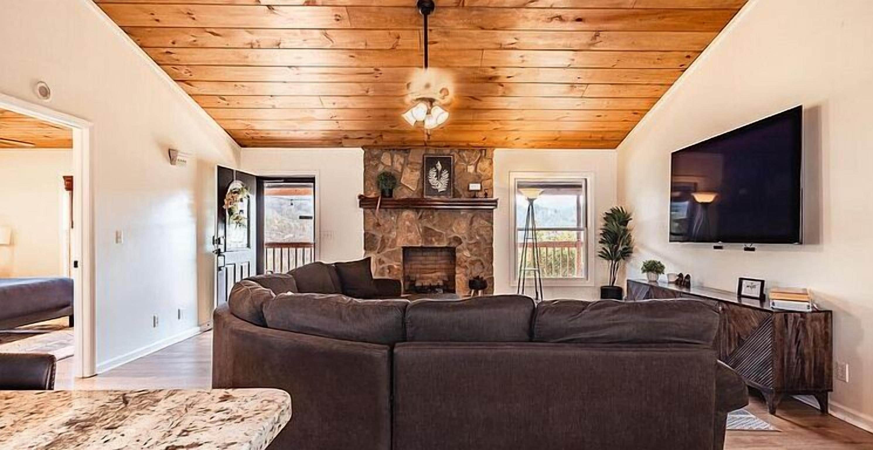 Smart TV, fireplace, books