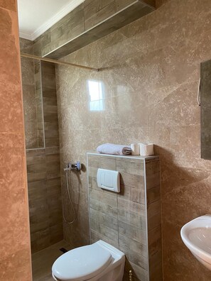 Douche, séchoir à cheveux, serviettes fournies, savon