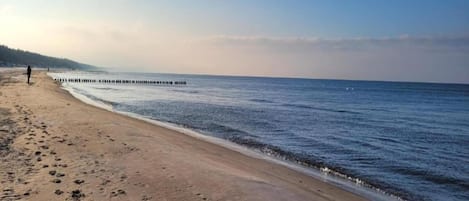 A beach with a wooden pier extending into the water, sandy shore, and footprints.
