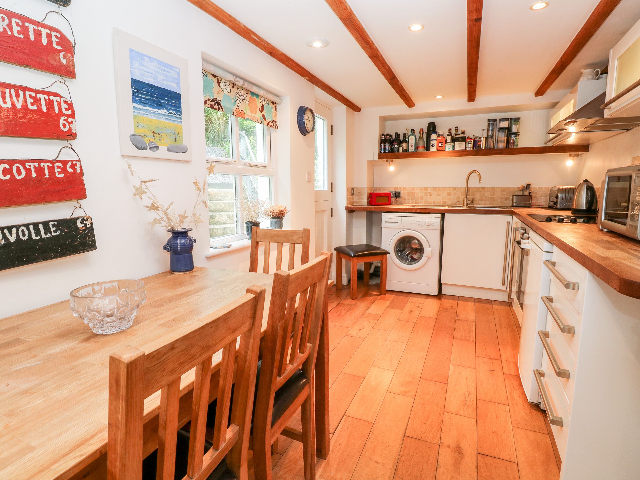 Fridge, electric kettle, toaster, cookware/dishes/utensils