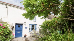 A white cottage with a blue door and shutters, a stone pathway leading to the entrance, and a garden with various plants and a chair. - Honeysuckle Cottage (St. Agnes)
