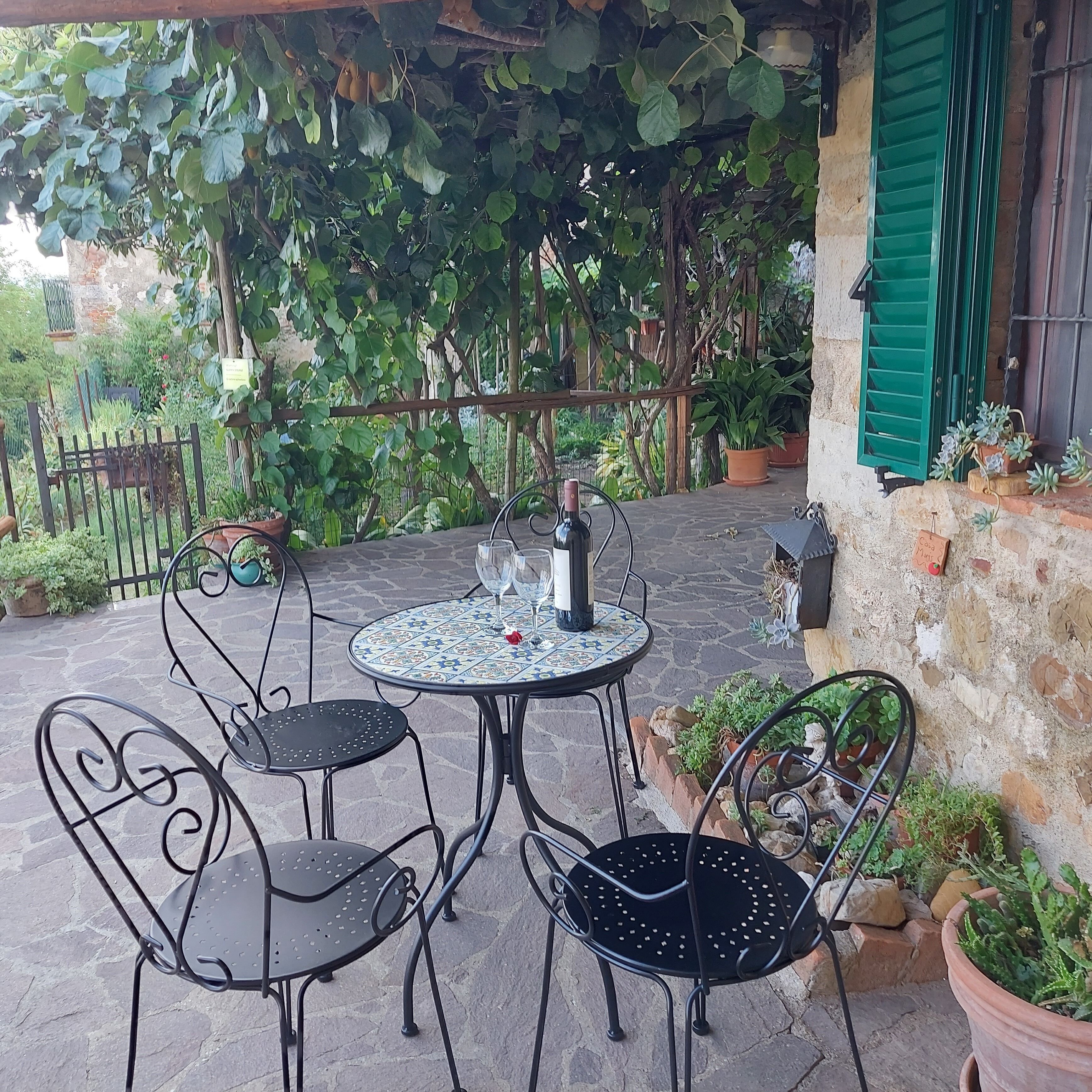 A patio with a round table and four chairs, surrounded by potted plants and a green shuttered window.