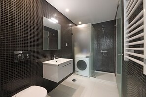 Douche, serviettes fournies, shampoing, papier toilette