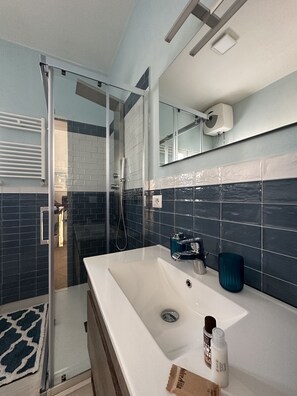 Shower, hair dryer, bidet, towels