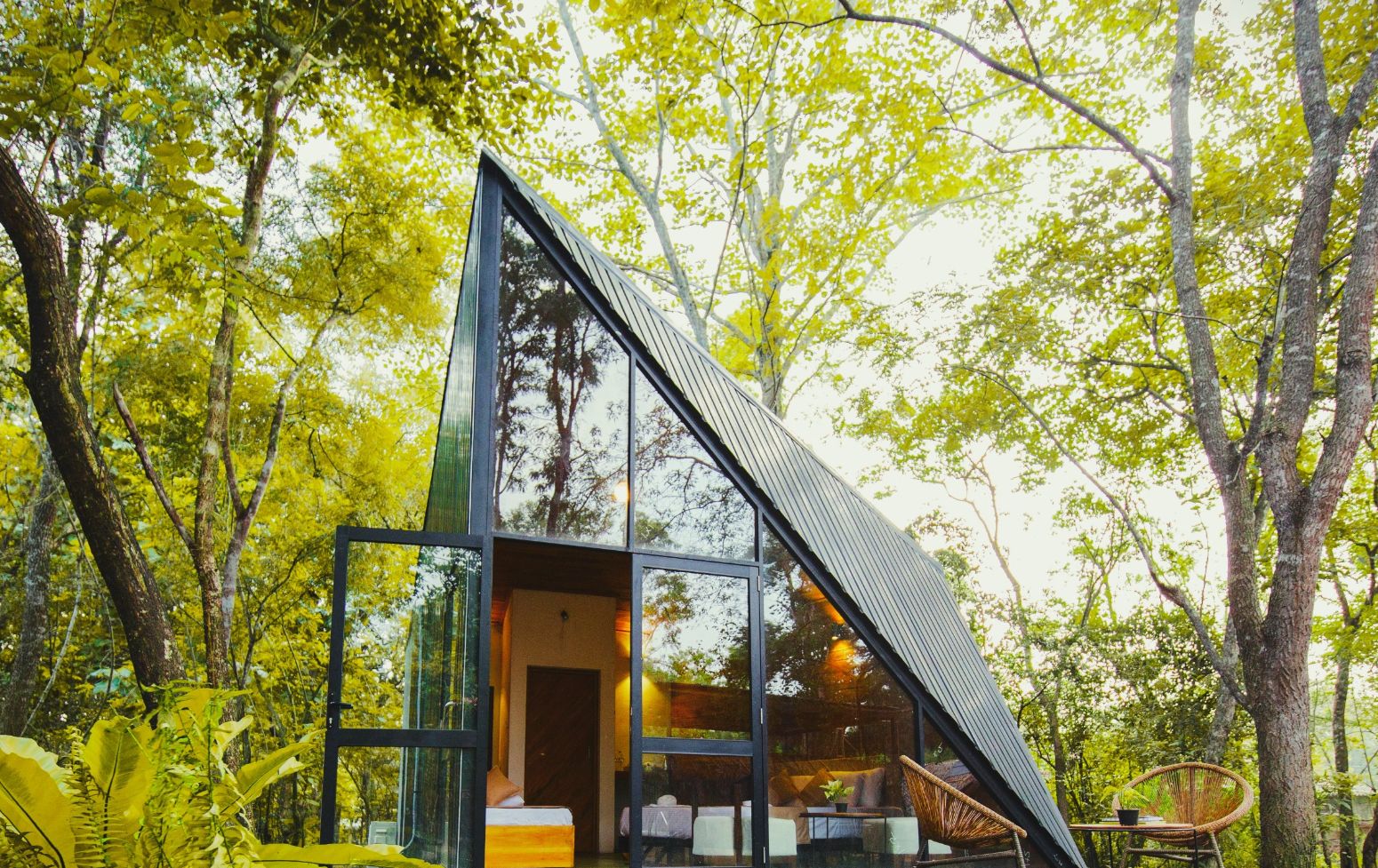 A modern, glass-walled cabin in a forest, with a visible bed and seating area.