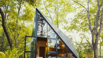 A modern, glass-walled cabin in a forest, with a visible bed and seating area.