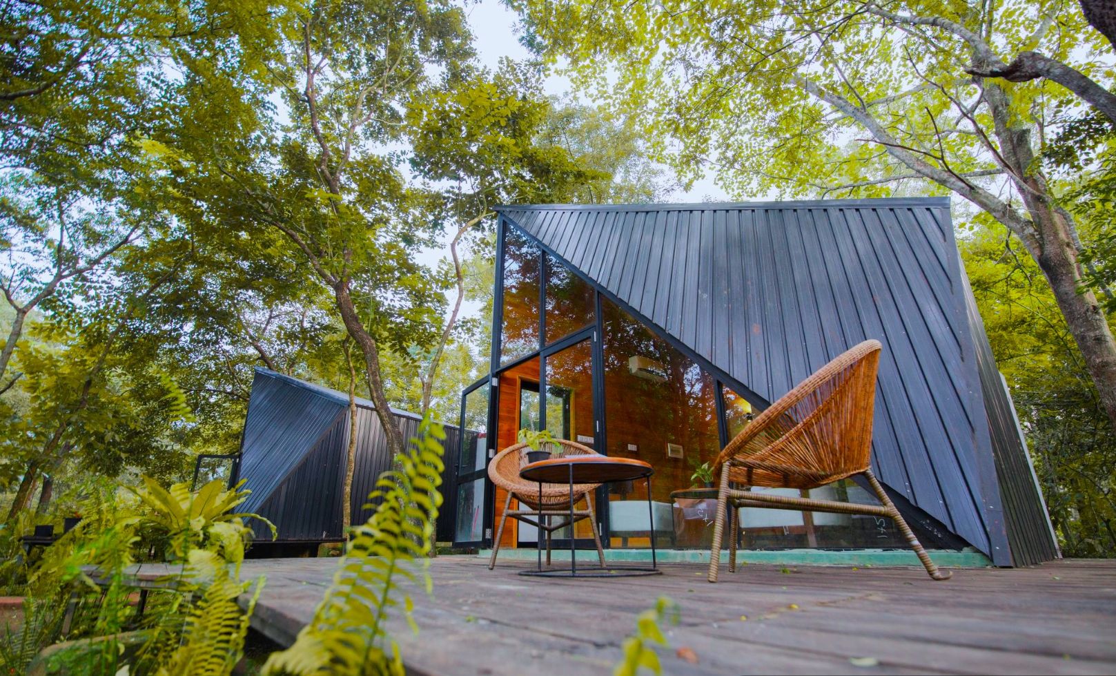 A modern, minimalist cabin with a large glass door, surrounded by lush greenery and a wooden deck.