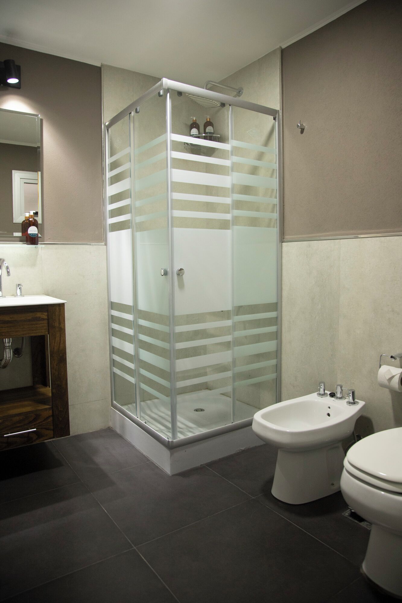 A modern bathroom with a glass shower enclosure, a bidet, a toilet, and a vanity with a mirror.