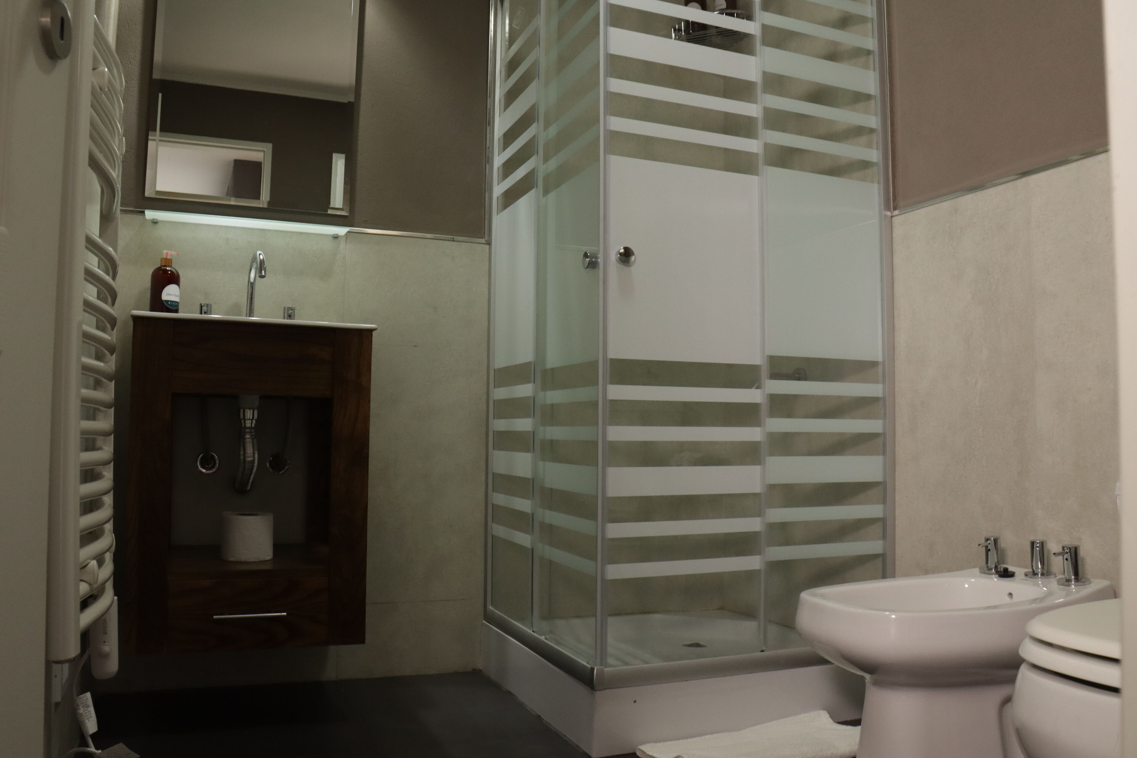 A modern bathroom with a glass shower enclosure, a white sink, and a toilet.