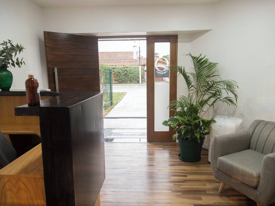 A modern interior with a wooden reception desk, a grey sofa, and a potted plant.