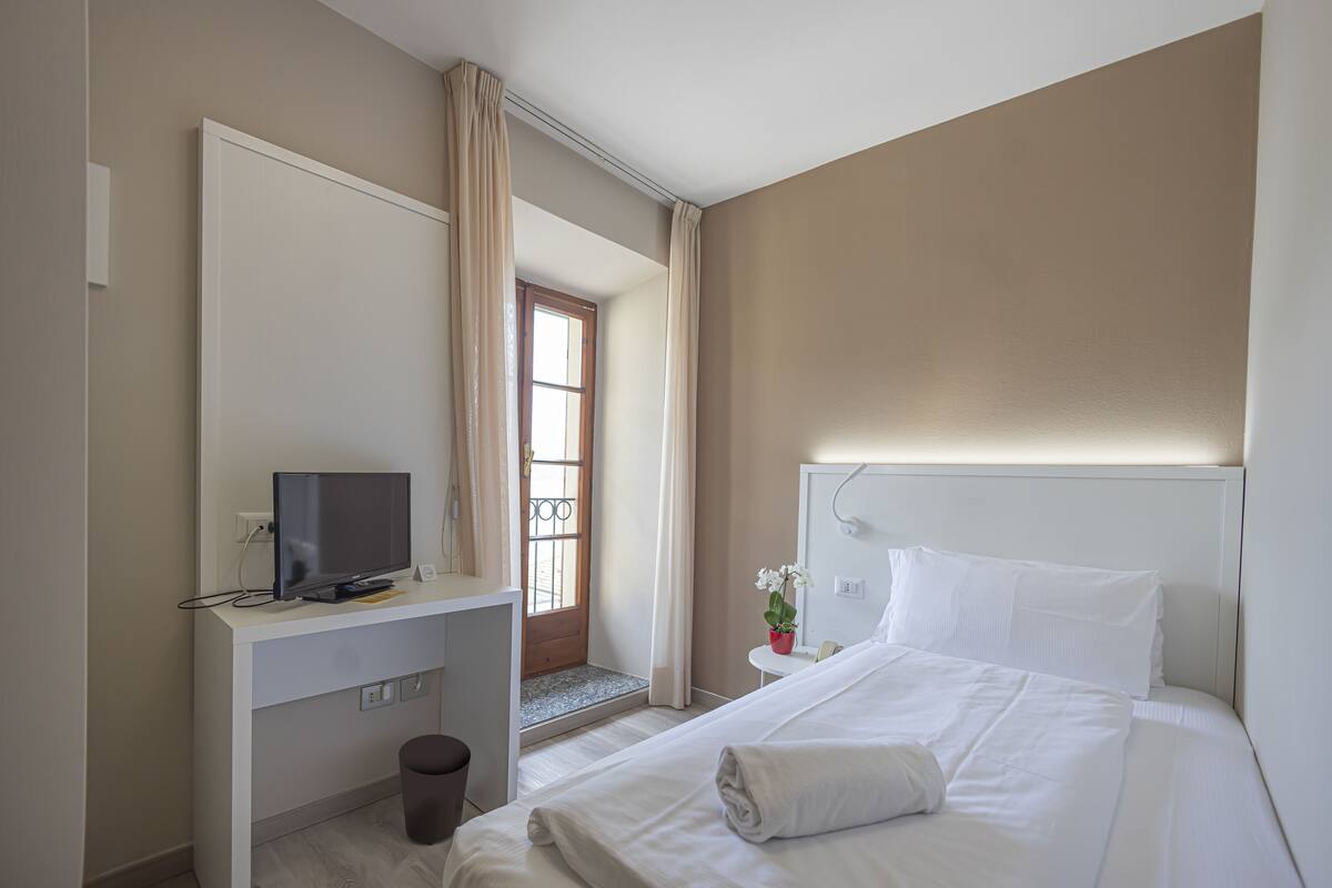 Une chambre d’hôtel avec un lit, un bureau avec une télévision, une petite table avec une plante et une fenêtre avec des rideaux.