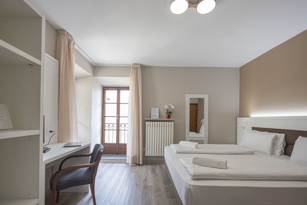 Una habitación de hotel con escritorio, dos camas, un radiador y un espejo.