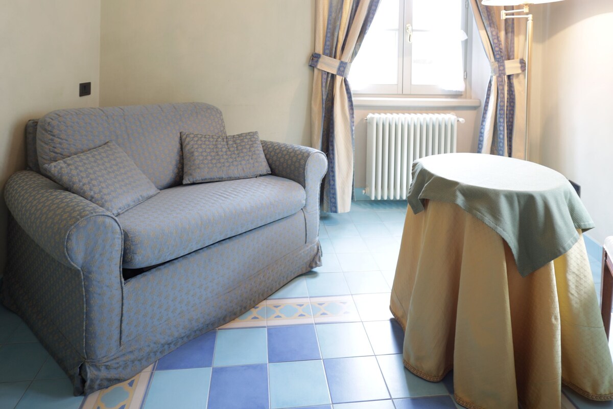A room with a sofa, a table with a tablecloth, a radiator, and a window with curtains.