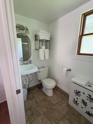 Hair dryer, towels, soap, toilet paper