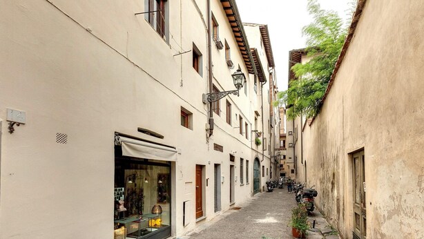A narrow cobblestone street flanked by buildings with traditional architecture, including a shop with a display window.
