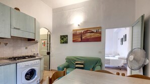 A compact kitchen with a gas stove, washing machine, and a dining area with a table and chairs. A green sofa is visible in the background, and a painting hangs on the wall.