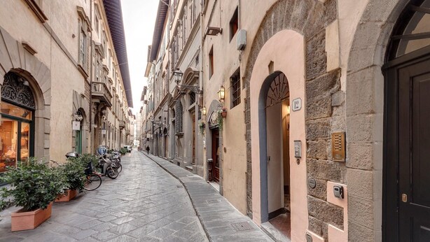 A narrow cobblestone street lined with historic buildings, featuring a variety of architectural styles and a few potted plants along the sidewalk.