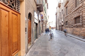 A narrow street with stone buildings, wooden doors, and metal gates.