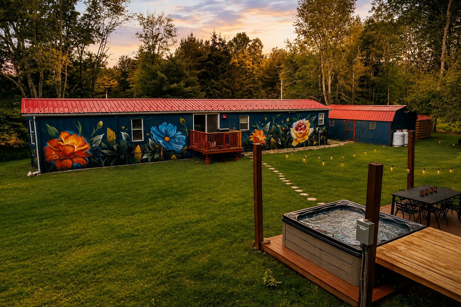 A building with a mural, a hot tub, and a deck.