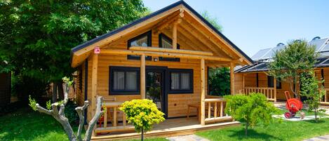 A wooden cabin with a porch, a stone pathway, and a small tree in the yard.