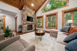 Smart TV, fireplace, books