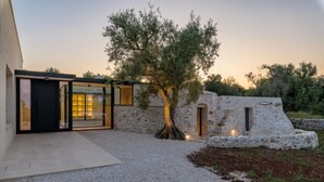 Un edificio moderno con fachada de vidrio, un árbol en el centro y un patio de grava.