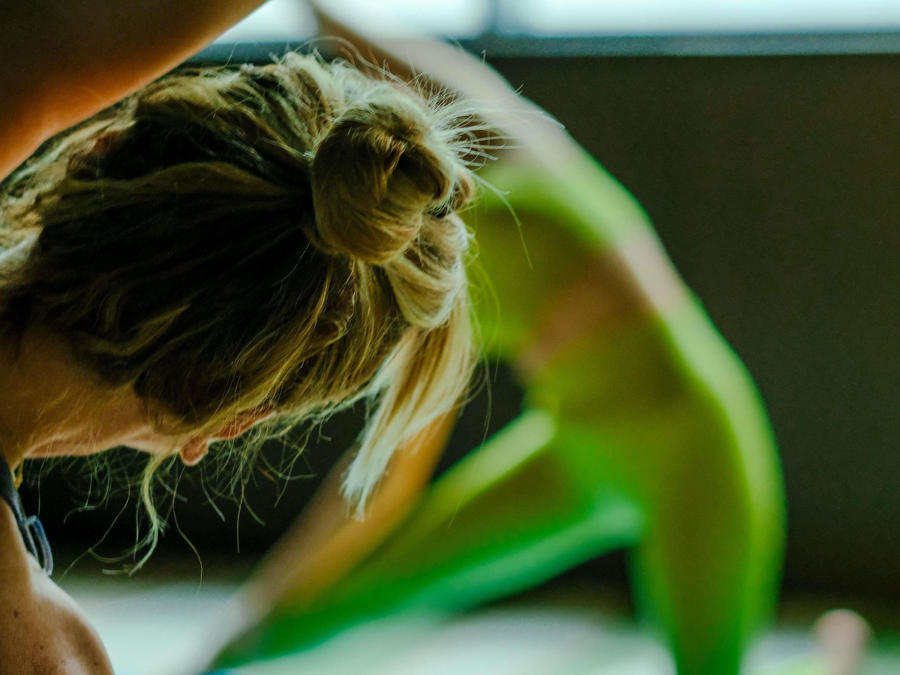 Primer plano del cabello de una persona recogido en un moño.