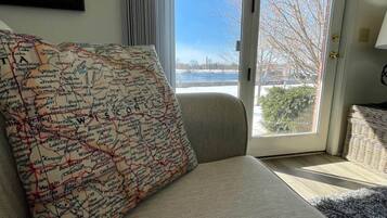 TV connectée, cheminée, livres