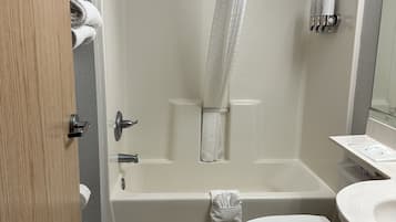 Combined shower/bathtub, hair dryer, towels, soap