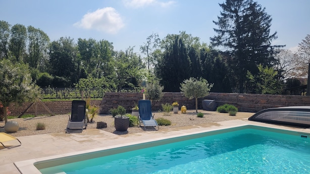 Une piscine avec des chaises longues et des plantes en pot.