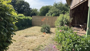 Ein Garten mit Holzzaun, ein kleiner Strauch mit orangefarbenen Blüten und eine Holzhütte auf der rechten Seite.