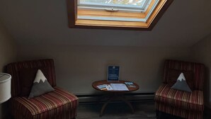 Een kamer met twee gestreepte fauteuils, een kleine tafel met papieren en een dakraam met uitzicht op een berg.