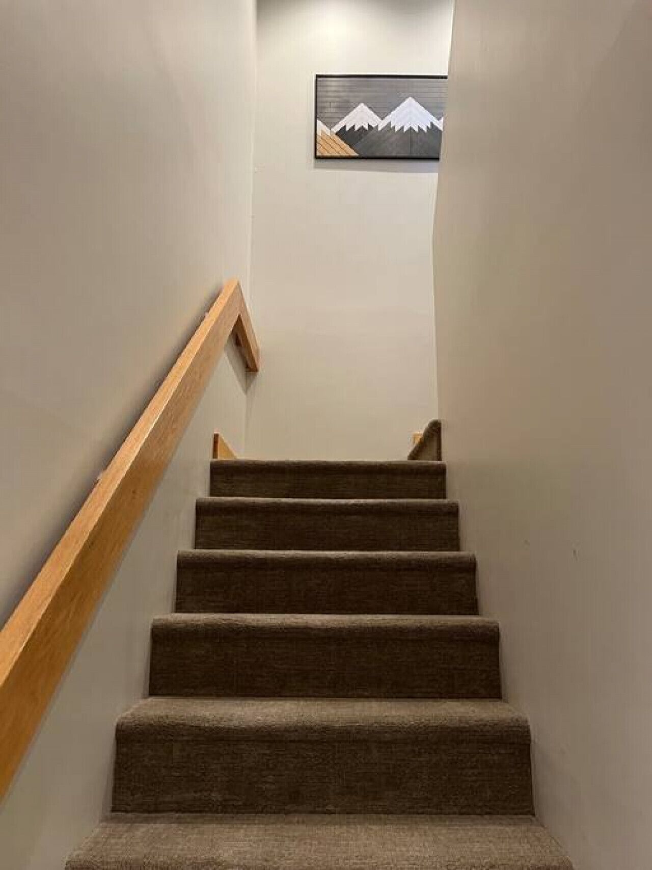 Un escalier avec des rampes en bois et des marches recouvertes de moquette, menant à un palier.