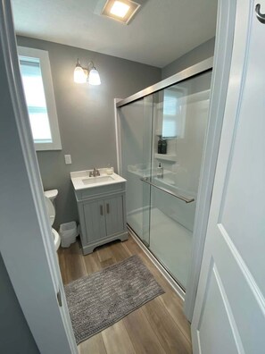 Shower, hair dryer, shampoo