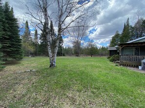 En gräsklädd gård med en trähus och ett stort träd.