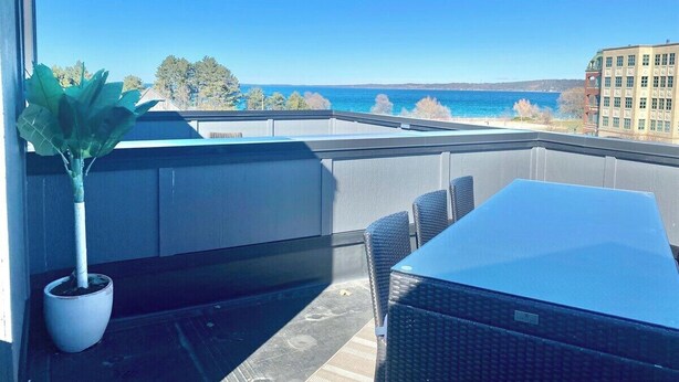 Ein Balkon mit Meerblick, einer Topfpflanze und Gartenmöbeln.