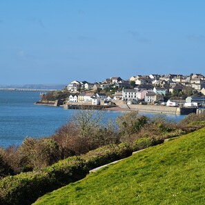 A coastal town with houses along the water, a grassy area in the foreground, and a clear blue sky. - Luxury Sea View Modernised Pembrokeshire Cottage (Milford Haven)