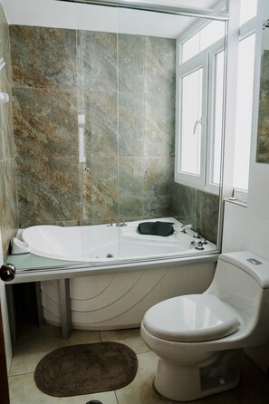 Dusch, hårtork, handdukar och tvål