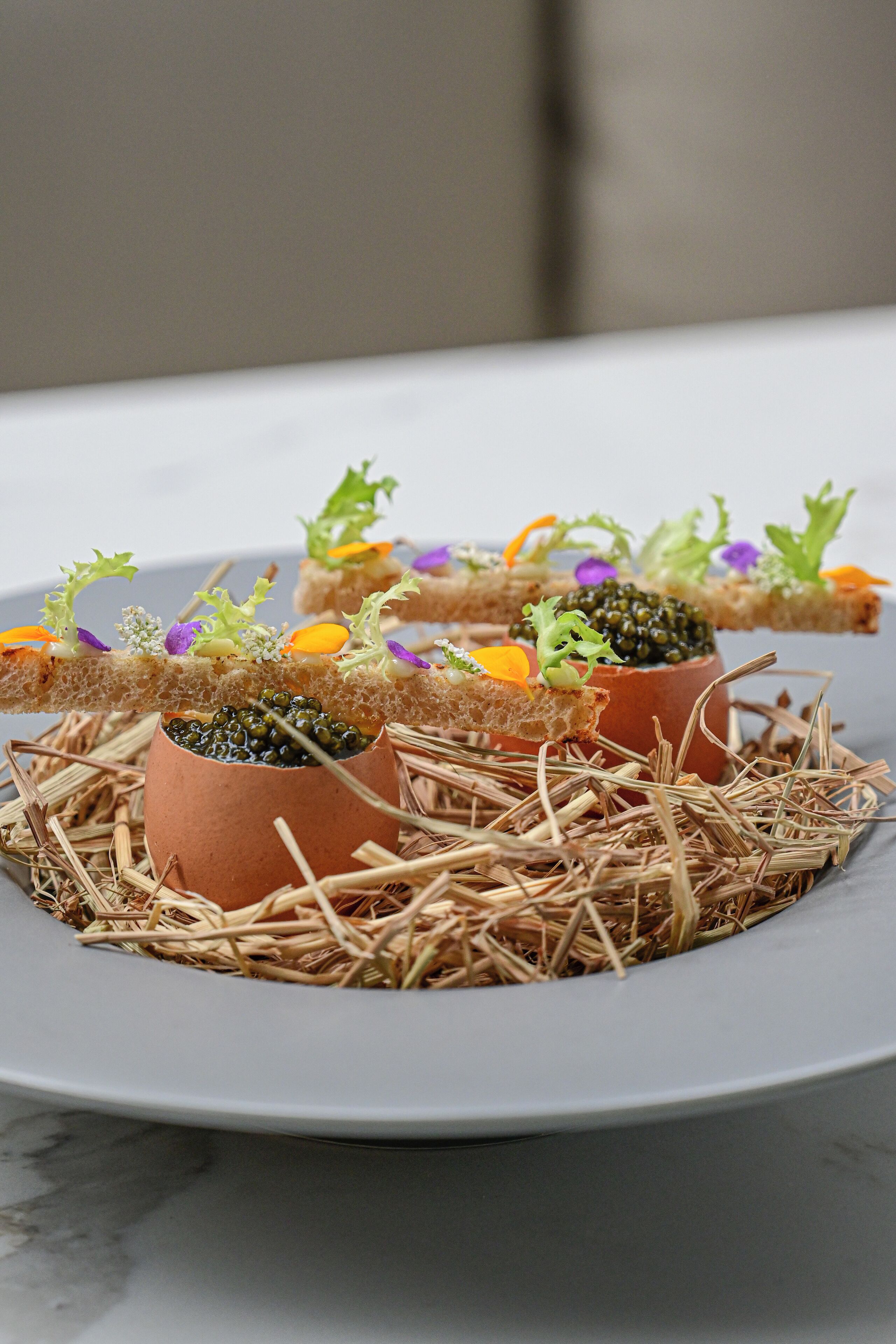 Une assiette de hors-d'œuvre, comprenant du caviar et diverses garnitures, présentée sur un lit de paille.