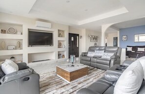 TV, fireplace, books, computer monitors